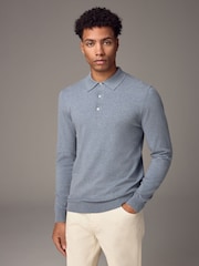 Light Blue Marl Regular Fit Knitted Long Sleeve Polo Shirt - Image 1 of 9
