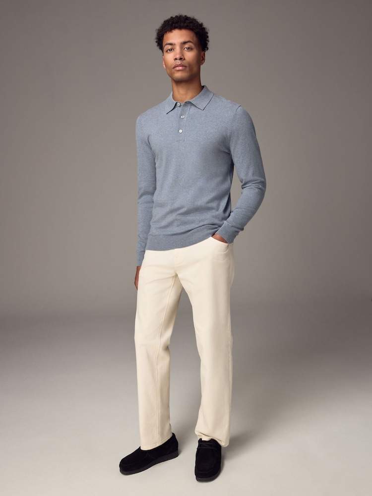Light Blue Marl Regular Fit Knitted Long Sleeve Polo Shirt - Image 3 of 9