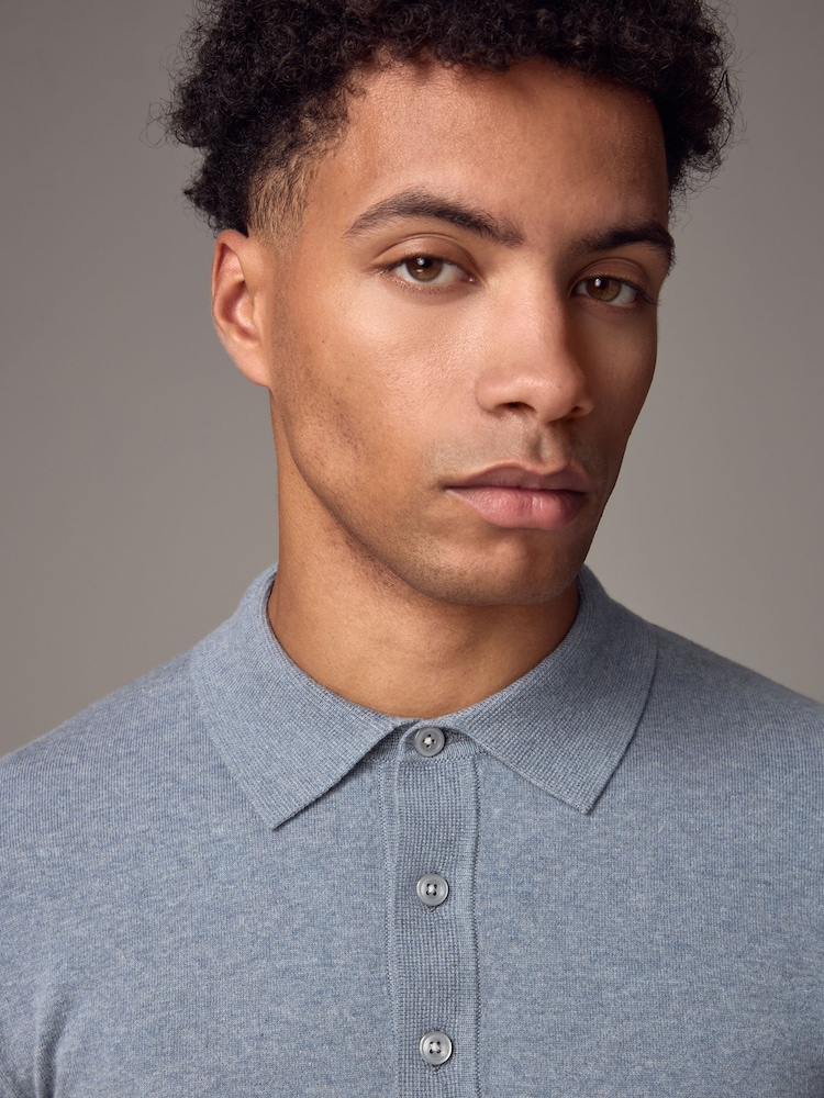 Light Blue Marl Regular Fit Knitted Long Sleeve Polo Shirt - Image 4 of 9