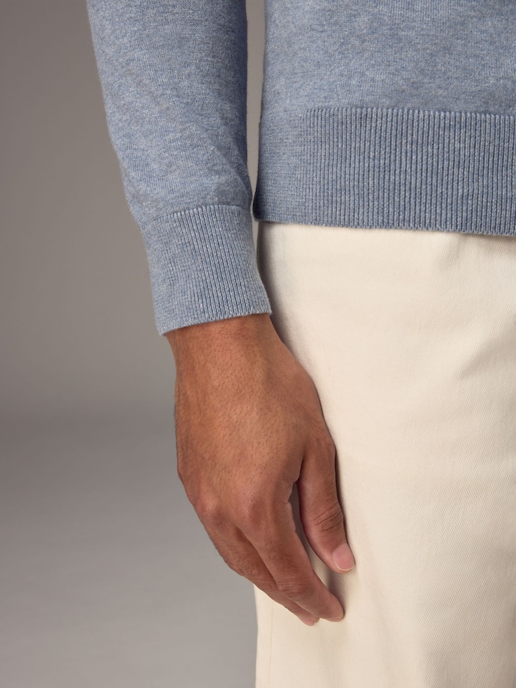Light Blue Marl Regular Fit Knitted Long Sleeve Polo Shirt - Image 5 of 9