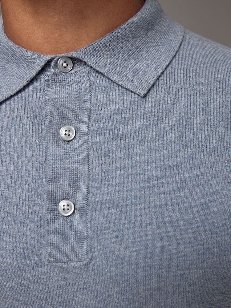 Light Blue Marl Regular Fit Knitted Long Sleeve Polo Shirt - Image 6 of 9