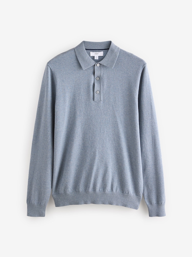 Light Blue Marl Regular Fit Knitted Long Sleeve Polo Shirt - Image 7 of 9