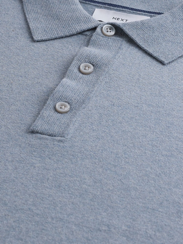Light Blue Marl Regular Fit Knitted Long Sleeve Polo Shirt - Image 9 of 9