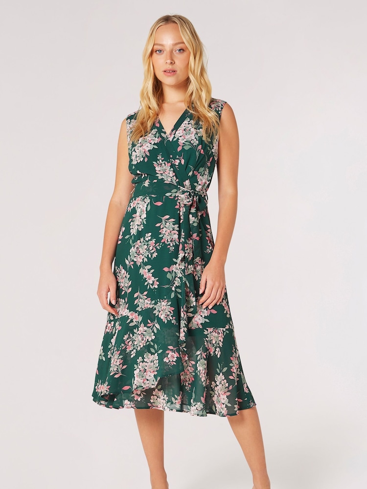 Apricot Pink Inky Floral Chiffon Wrap Dress - Image 1 of 4