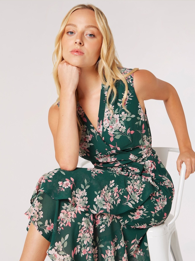 Apricot Pink Inky Floral Chiffon Wrap Dress - Image 2 of 4