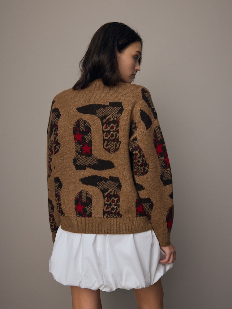 بني - Western Cowboy Boot Graphic Knitted Jumper - صورة 2 من 9