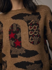 بني - Western Cowboy Boot Graphic Knitted Jumper - صورة 5 من 9