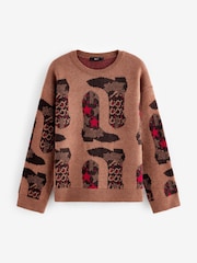 بني - Western Cowboy Boot Graphic Knitted Jumper - صورة 6 من 9