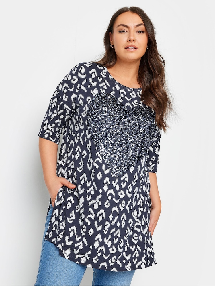 Yours Curve Blue Heart Sequin Embellished Top - Image 1 of 5