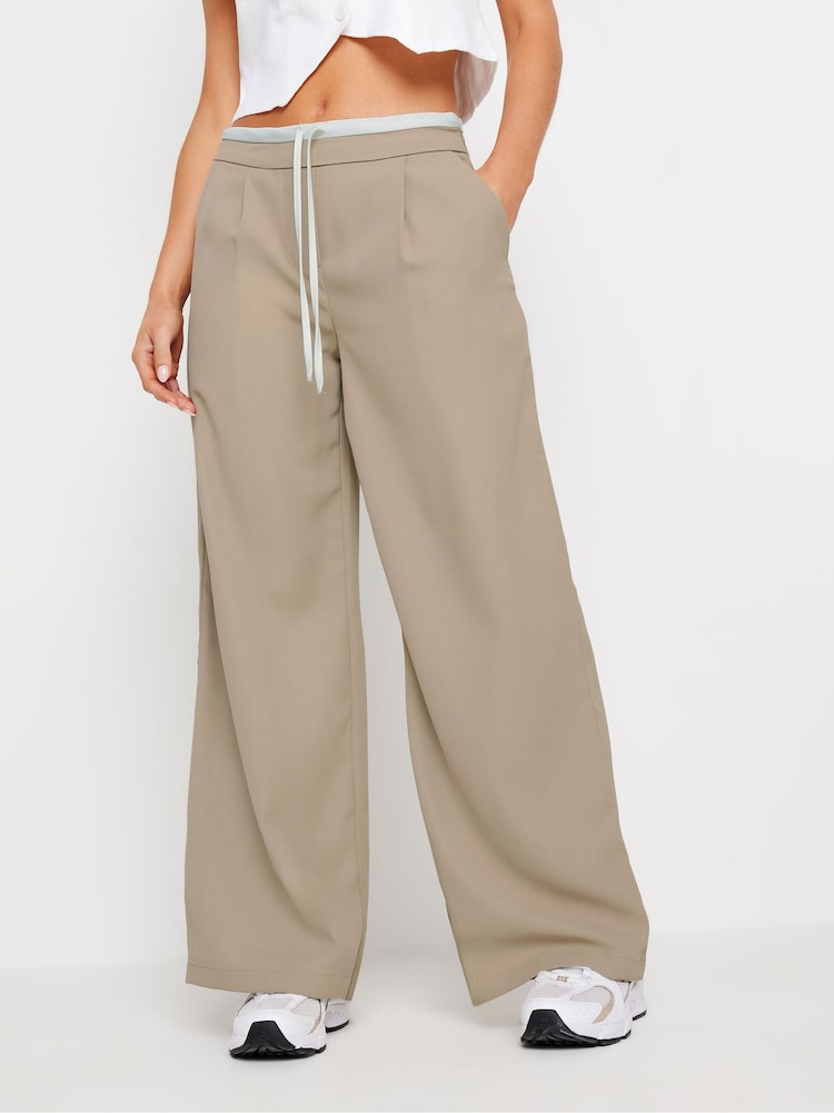 PixieGirl Petite Brown Contrast Waist Wide Leg Trousers - Image 2 of 5
