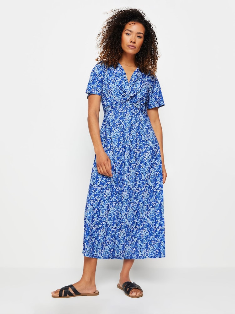 M&Co Blue Floral Print Twist Front Short Sleeve Dress - Image 1 of 5