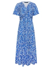M&Co Blue Floral Print Twist Front Short Sleeve Dress - Image 5 of 5