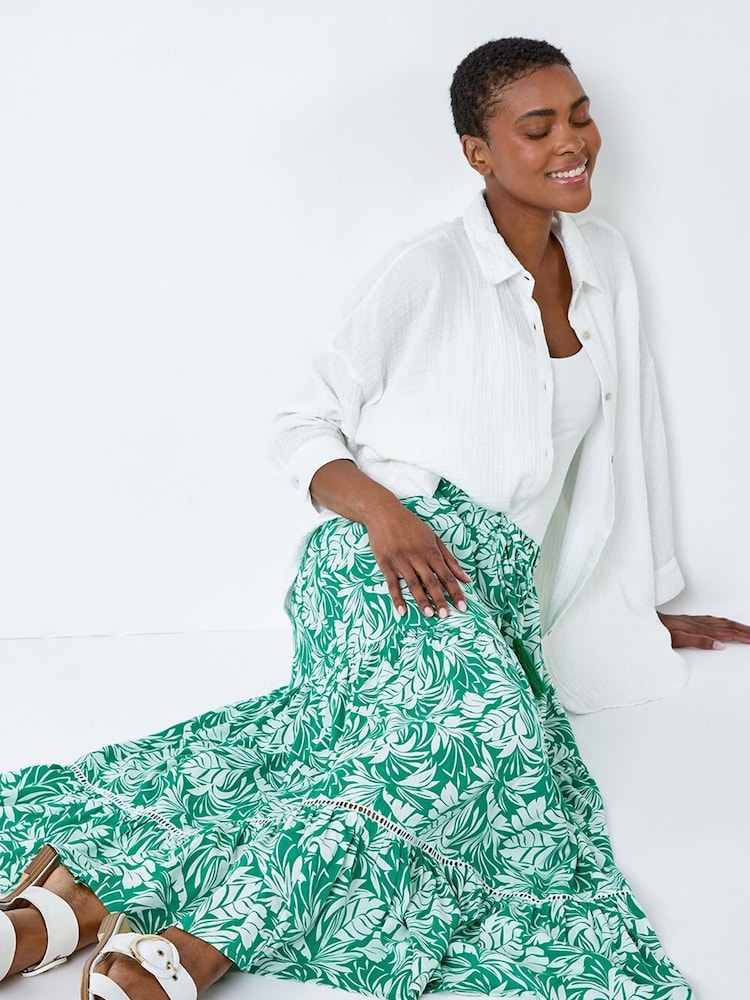 Roman Green Floral Tiered Tassel Tie Midi Skirt - Image 1 of 5