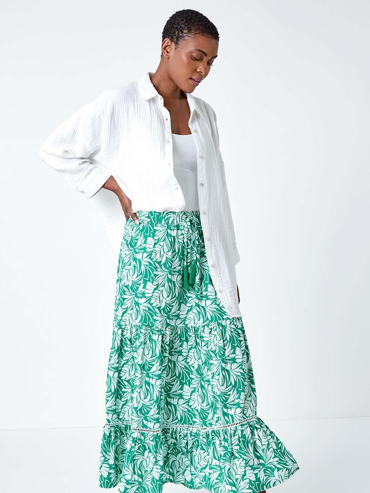 Roman Green Floral Tiered Tassel Tie Midi Skirt - Image 2 of 5