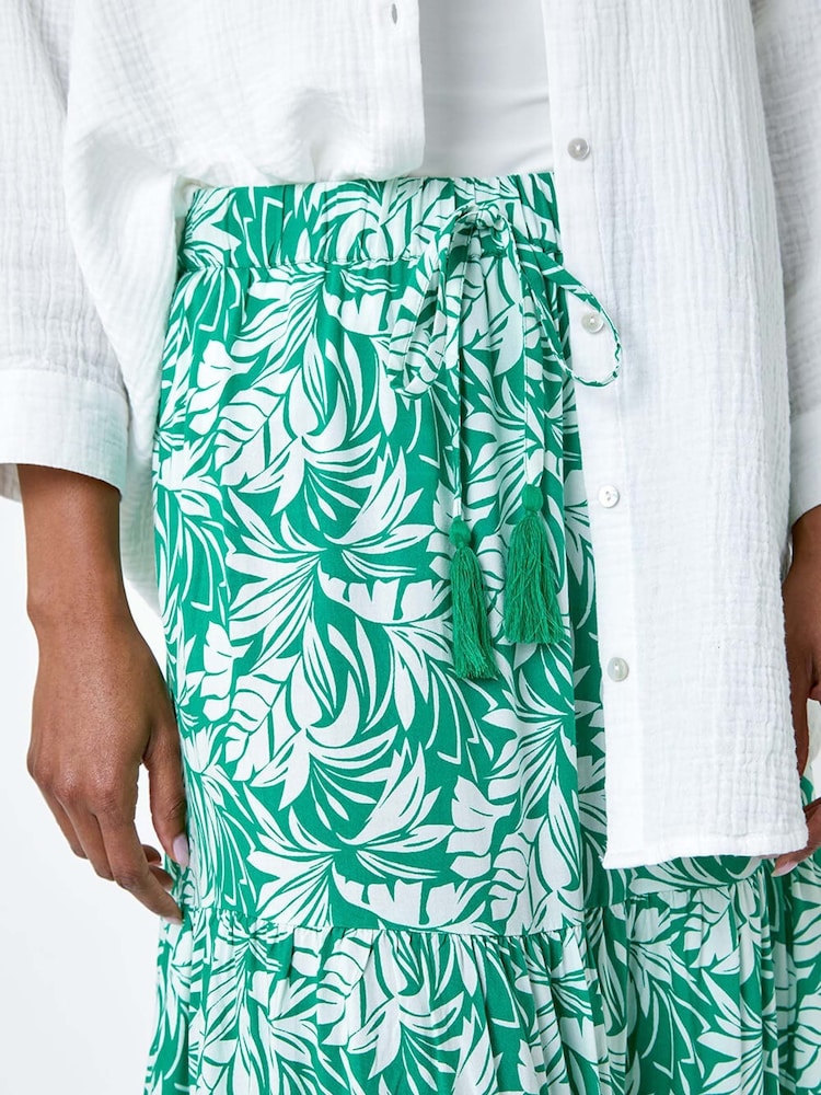 Roman Green Floral Tiered Tassel Tie Midi Skirt - Image 5 of 5 Roman Green Floral Tiered Tassel Tie Midi Skirt - Image 5 of 5