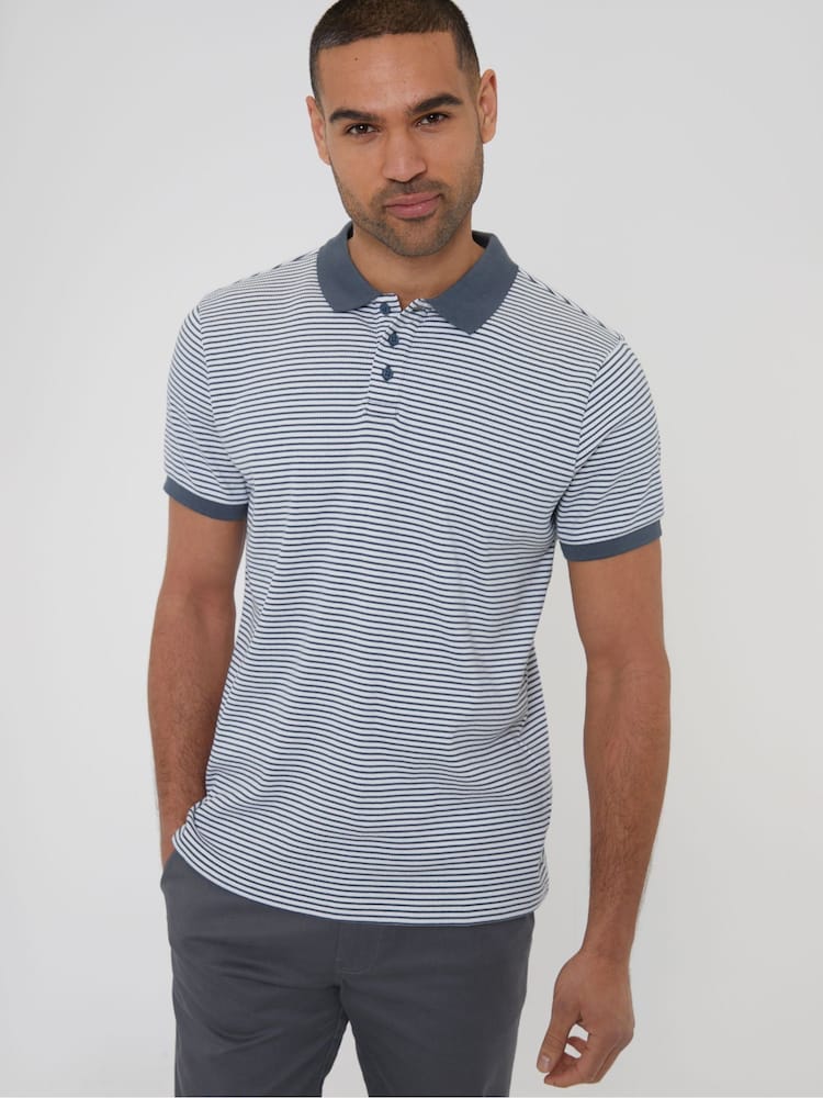 Threadbare White 100% Cotton Polo Shirt With Herringbone Detail Collar - Image 1 of 4