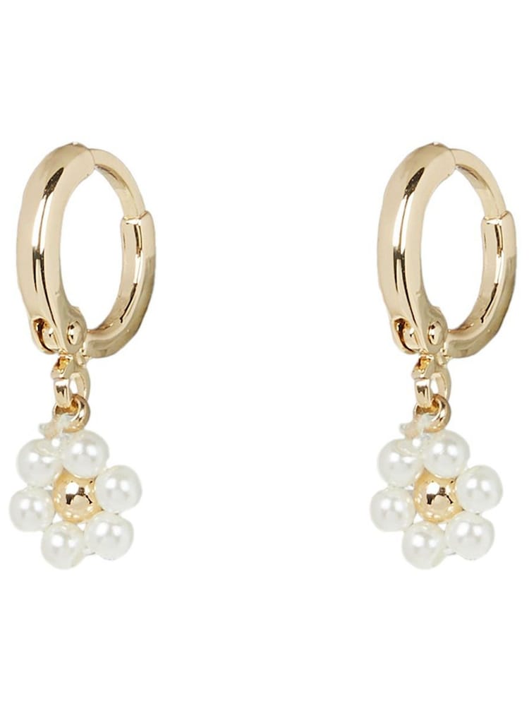 Oliver Bonas White Pearl Effect Flower Drop Huggie Rosa Earrings - Image 1 of 5