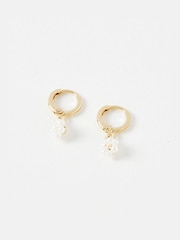 Oliver Bonas White Pearl Effect Flower Drop Huggie Rosa Earrings - Image 2 of 5