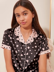 Lipsy Black Heart Print Satin Shirt And Long Leg Pyjamas (5-16Yrs) - Image 2 of 4