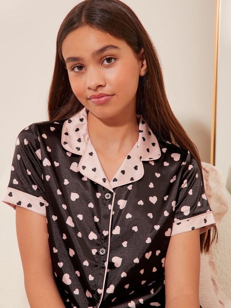 Lipsy Black Heart Print Satin Shirt And Long Leg Pyjamas (5-16Yrs) - Image 2 of 4