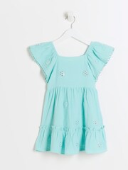 River Island Blue Girls 100% Cotton Daisy Embellished Smock Dress - Image 1 of 4