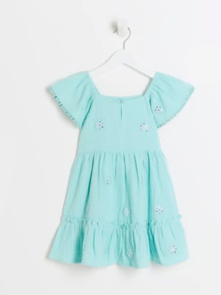 River Island Blue Girls 100% Cotton Daisy Embellished Smock Dress - Image 2 of 4