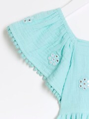 River Island Blue Girls 100% Cotton Daisy Embellished Smock Dress - Image 3 of 4