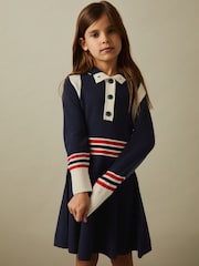 Reiss Navy Vienne 9-13 yrs Knitted Button-Through Funnel Neck Skater Dress - Image 1 of 4