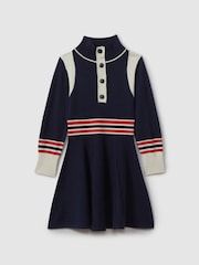 Reiss Navy Vienne 9-13 yrs Knitted Button-Through Funnel Neck Skater Dress - Image 2 of 4