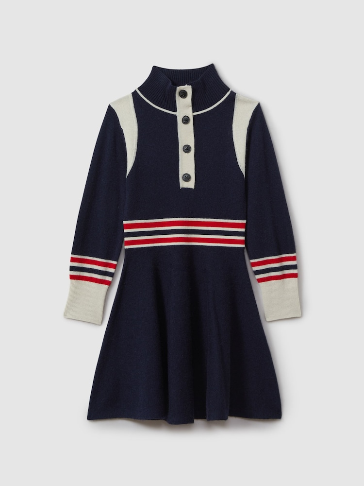 Reiss Navy Vienne 9-13 yrs Knitted Button-Through Funnel Neck Skater Dress - Image 2 of 4