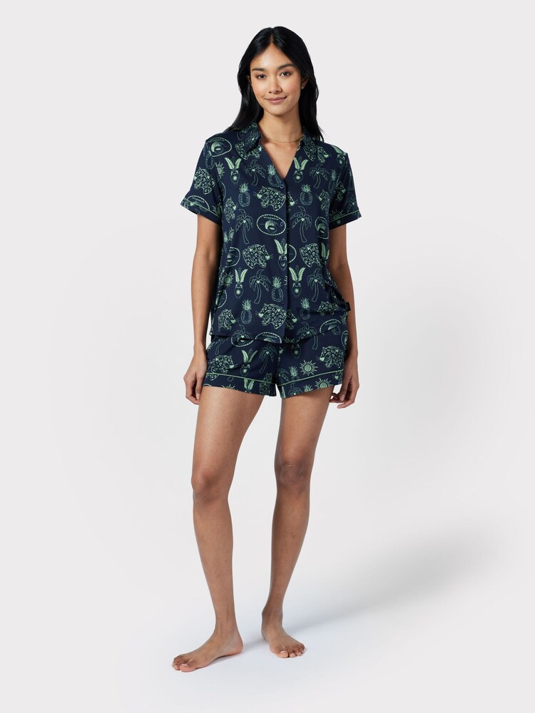 Chelsea Peers Blue Tropical Holiday Print Short Pyjama Set - Image 1 of 5