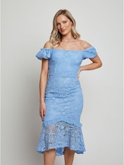 Chi Chi London Blue Bardot Premium Lace Peplum Midi Dress - Image 1 of 4