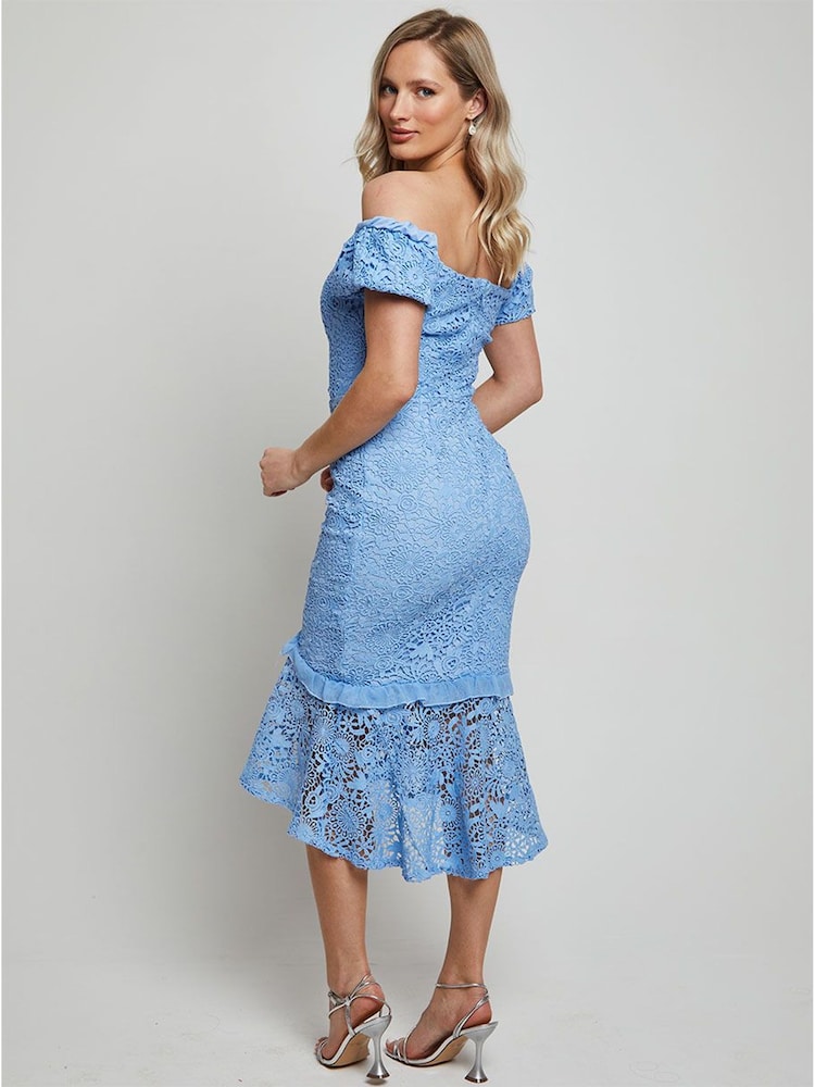 Chi Chi London Blue Bardot Premium Lace Peplum Midi Dress - Image 2 of 4