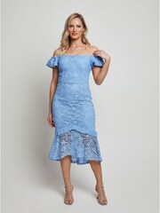 Chi Chi London Blue Bardot Premium Lace Peplum Midi Dress - Image 3 of 4