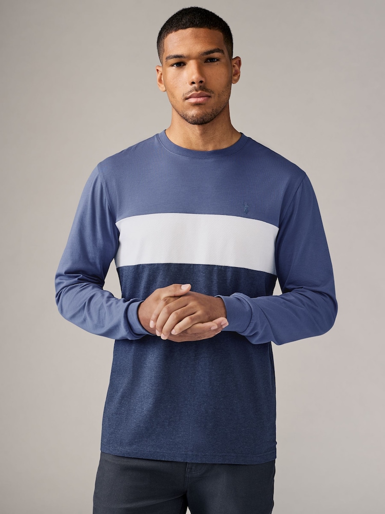 Navy Blue Long Sleeve Block 100% Cotton T-Shirt - Image 2 of 7