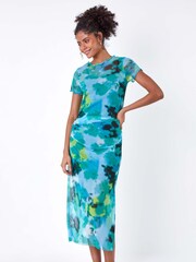 Dusk Blue Abstract Stretch Mesh Midi Skirt - Image 2 of 5