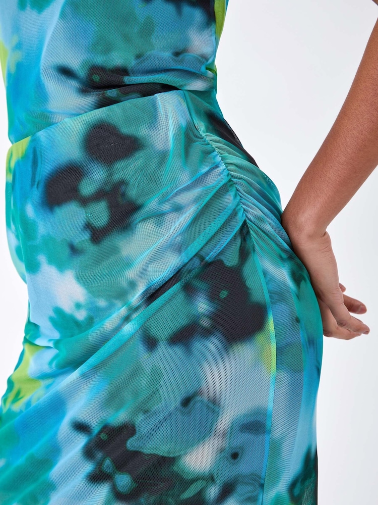Dusk Blue Abstract Stretch Mesh Midi Skirt - Image 5 of 5