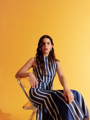 Whistles Blue Crinkle Stripe Midi Dress - Image 1 of 6