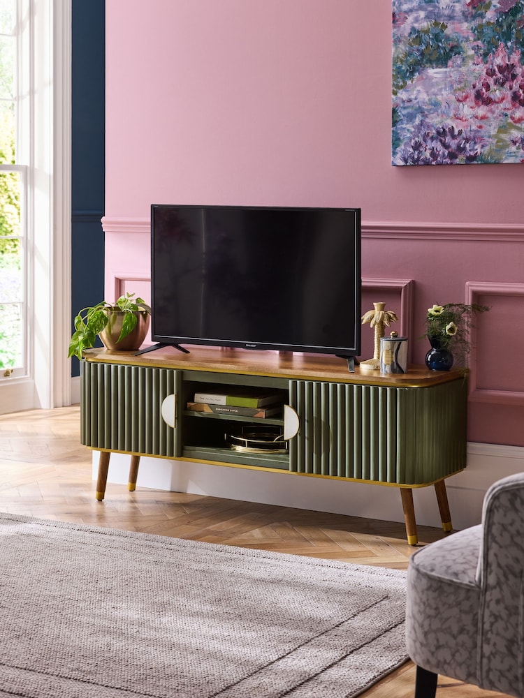 Clarke & Clarke Ribbed Green Mango Wood Calisto Up to 50 Inch TV Unit - Image 2 of 9