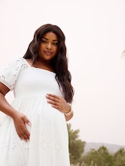 Yours Curve White Maternity 100% Cotton Broderie Shirred Dress - Image 1 of 5
