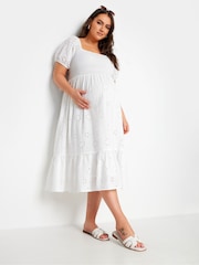 Yours Curve White Maternity 100% Cotton Broderie Shirred Dress - Image 2 of 5