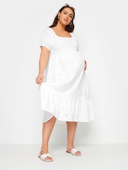 Yours Curve White Maternity 100% Cotton Broderie Shirred Dress - Image 3 of 5