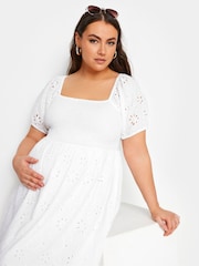 Yours Curve White Maternity 100% Cotton Broderie Shirred Dress - Image 5 of 5