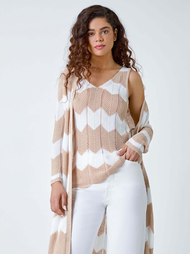 Roman Natural Chevron Stripe Shimmer Longline Cardigan - Image 1 of 5