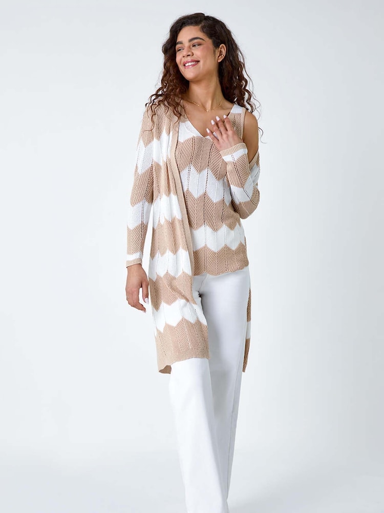 Roman Natural Chevron Stripe Shimmer Longline Cardigan - Image 2 of 5