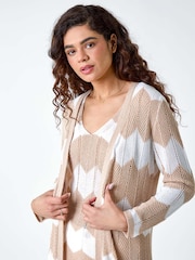 Roman Natural Chevron Stripe Shimmer Longline Cardigan - Image 4 of 5