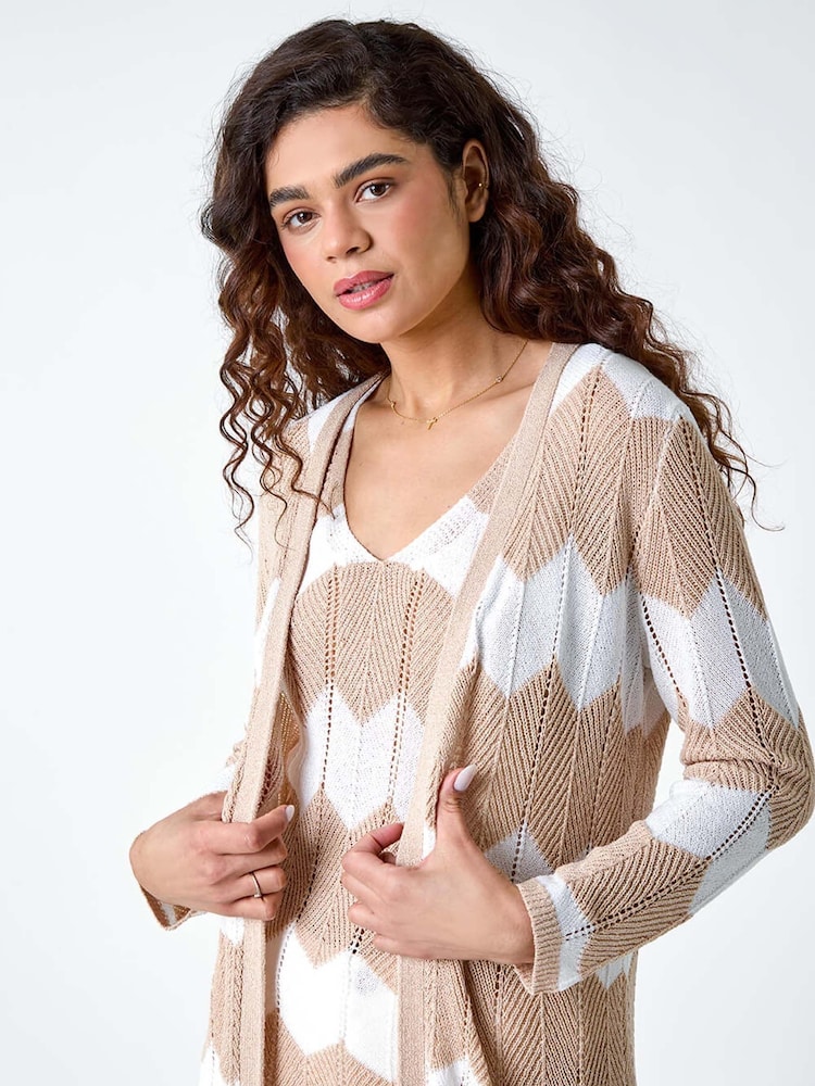 Roman Natural Chevron Stripe Shimmer Longline Cardigan - Image 4 of 5