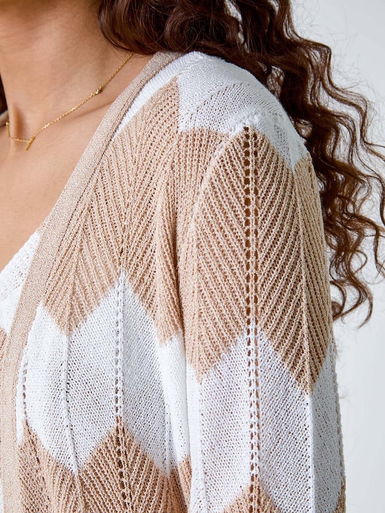 Roman Natural Chevron Stripe Shimmer Longline Cardigan - Image 5 of 5