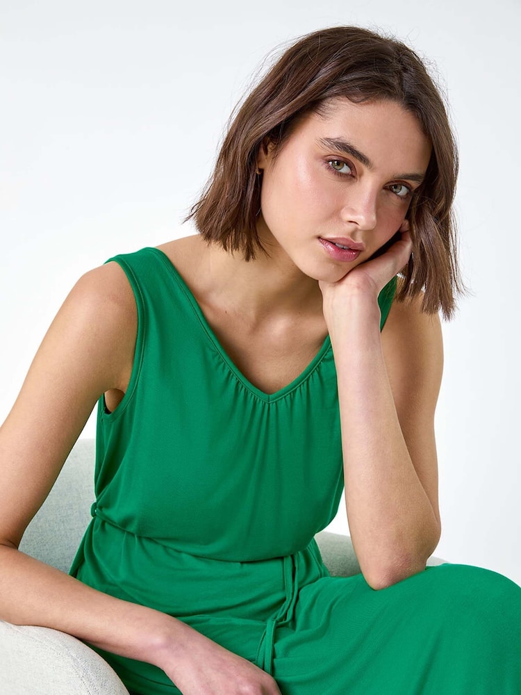 Roman Green Gathered Tie Detail Stretch Midi Dress - Image 1 of 5