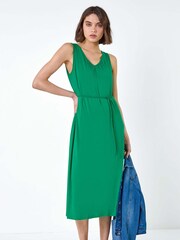 Roman Green Gathered Tie Detail Stretch Midi Dress - Image 2 of 5